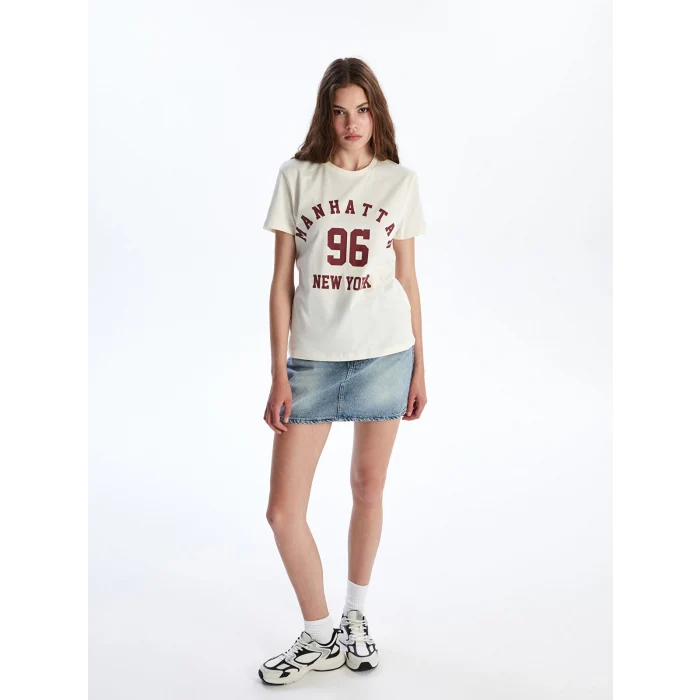 XSIDE Bej Bisiklet Yaka New York Baskılı Kadın Tişört
