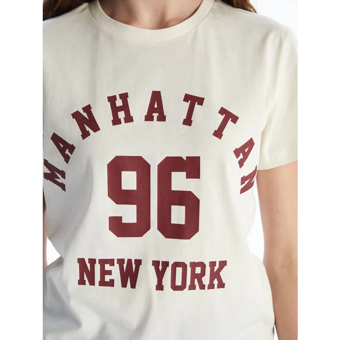 XSIDE Bej Bisiklet Yaka New York Baskılı Kadın Tişört