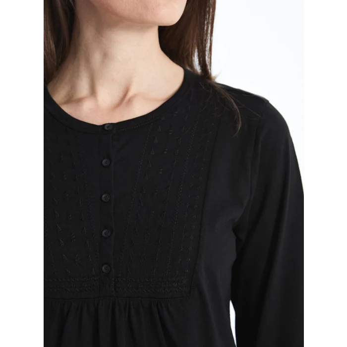 LCW Grace Siyah Bisiklet Yaka Nakışlı Bluz