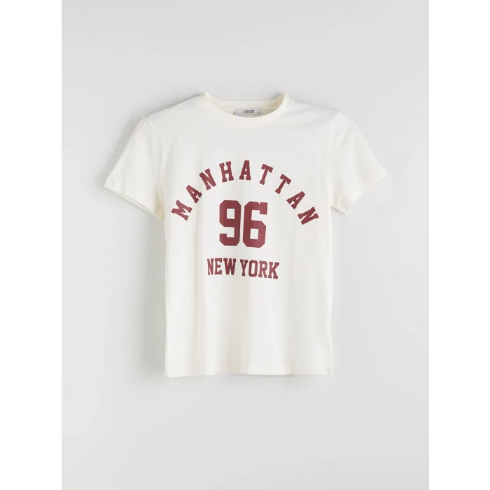 XSIDE Bej Bisiklet Yaka New York Baskılı Kadın Tişört