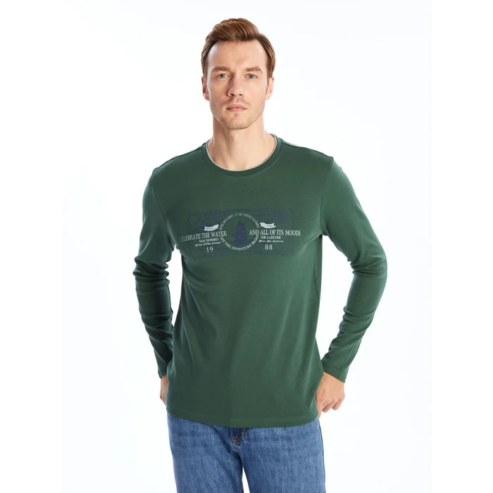 LCWAIKIKI Classic Yeşil Bisiklet Yaka Uzun Kollu Baskılı Erkek Sweatshirt