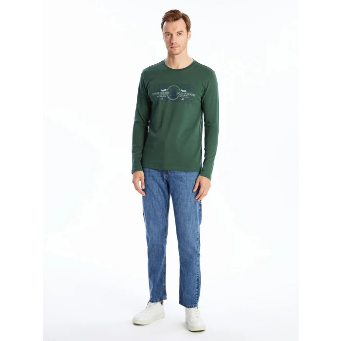 LCWAIKIKI Classic Yeşil Bisiklet Yaka Uzun Kollu Baskılı Erkek Sweatshirt