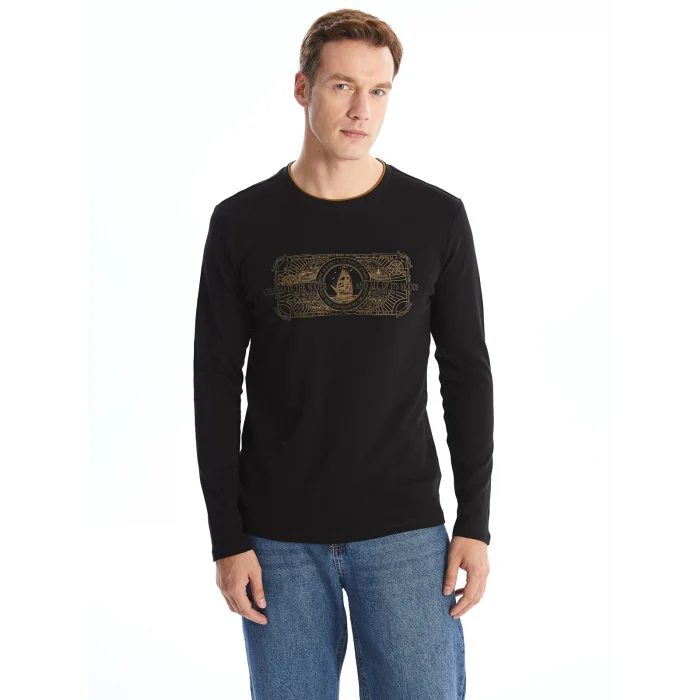 LCWAIKIKI Classic Siyah Bisiklet Yaka Uzun Kollu Baskılı Erkek Sweatshirt