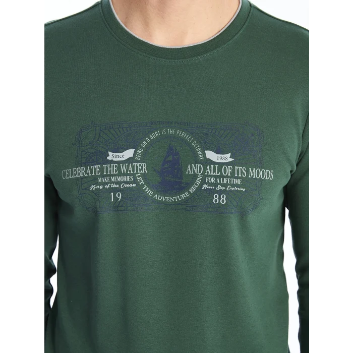 LCWAIKIKI Classic Yeşil Bisiklet Yaka Uzun Kollu Baskılı Erkek Sweatshirt