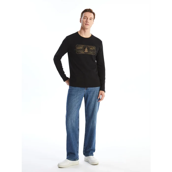 LCWAIKIKI Classic Siyah Bisiklet Yaka Uzun Kollu Baskılı Erkek Sweatshirt