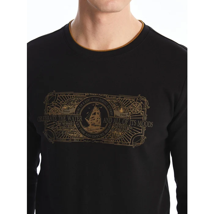 LCWAIKIKI Classic Siyah Bisiklet Yaka Uzun Kollu Baskılı Erkek Sweatshirt