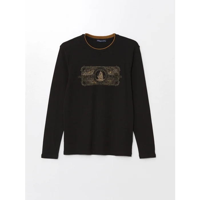 LCWAIKIKI Classic Siyah Bisiklet Yaka Uzun Kollu Baskılı Erkek Sweatshirt