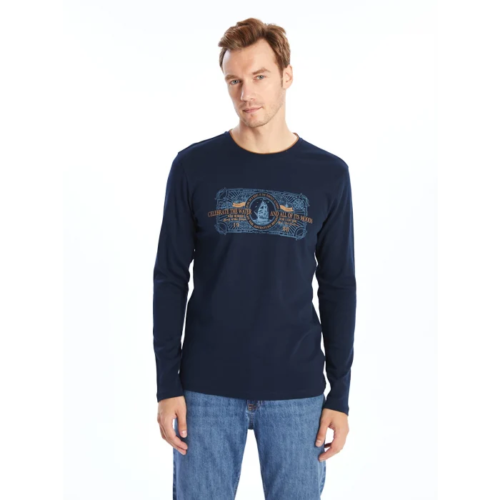 LCWAIKIKI Classic Lacivert Bisiklet Yaka Uzun Kollu Baskılı Erkek Sweatshirt