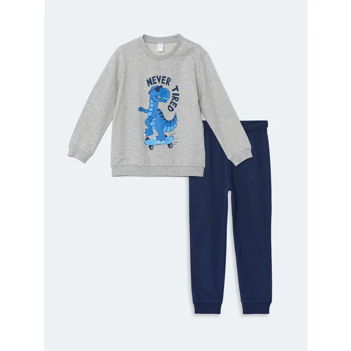 LCW Kids Gri Bisiklet Yaka Baskılı Erkek Bebek Sweatshirt ve Eşofman Alt 2li