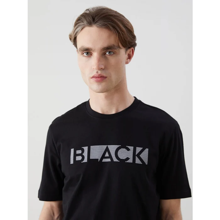 XSIDE Siyah Bisiklet Yaka Baskılı Penye Erkek Tişört