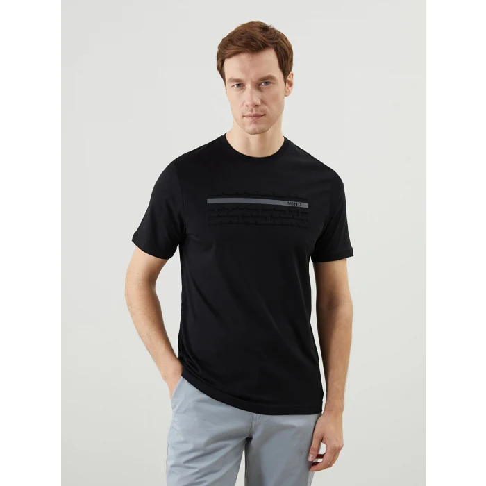 LCWAIKIKI Classic Siyah Bisiklet Yaka Kısa Kollu Baskılı Penye Erkek Tişört