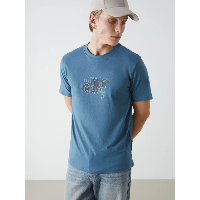 XSIDE Petrol Bisiklet Yaka Baskılı Penye Erkek Tişört