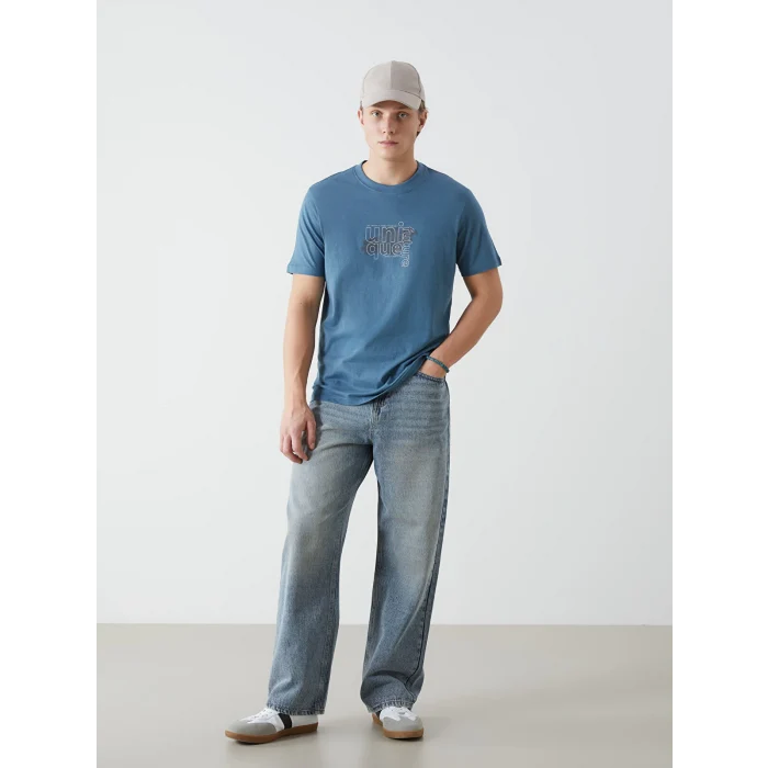 XSIDE Petrol Bisiklet Yaka Baskılı Penye Erkek Tişört