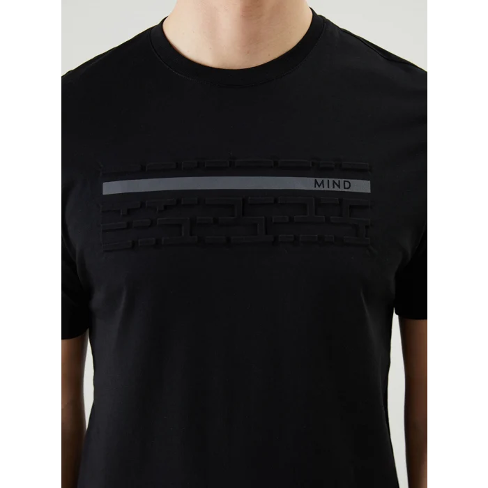 LCWAIKIKI Classic Siyah Bisiklet Yaka Kısa Kollu Baskılı Penye Erkek Tişört