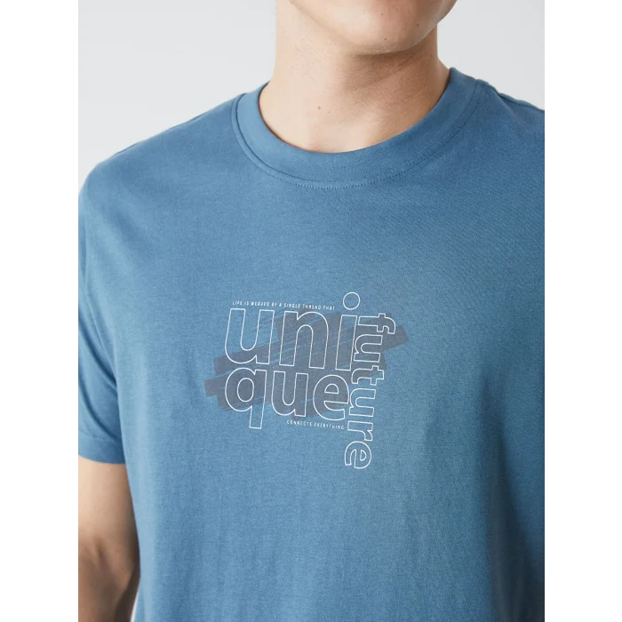 XSIDE Petrol Bisiklet Yaka Baskılı Penye Erkek Tişört