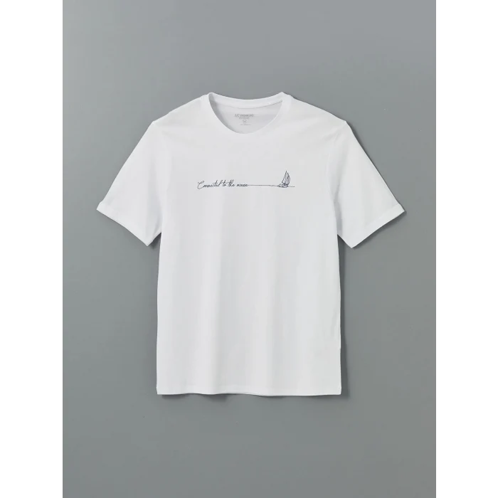 LCWAIKIKI Classic Beyaz Bisiklet Yaka Baskılı Penye Erkek Tişört