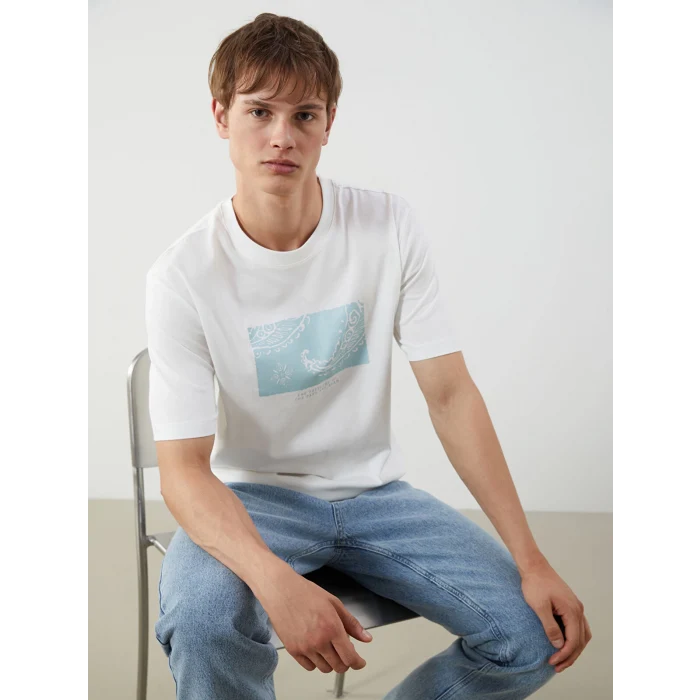 XSIDE Ekru Bisiklet Yaka Baskılı Penye Erkek Tişört