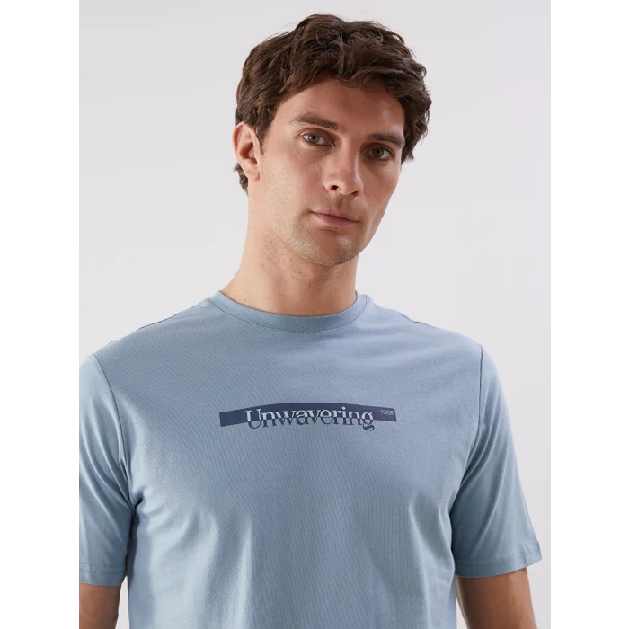 LCWAIKIKI Classic Mavi Bisiklet Yaka Baskılı Penye Erkek Tişört