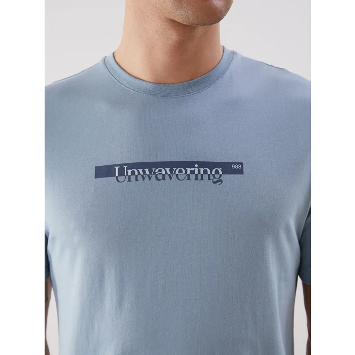 LCWAIKIKI Classic Mavi Bisiklet Yaka Baskılı Penye Erkek Tişört