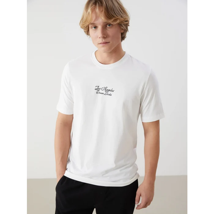 XSIDE Ekru Bisiklet Yaka Kısa Kollu Baskılı Penye Erkek Tişört