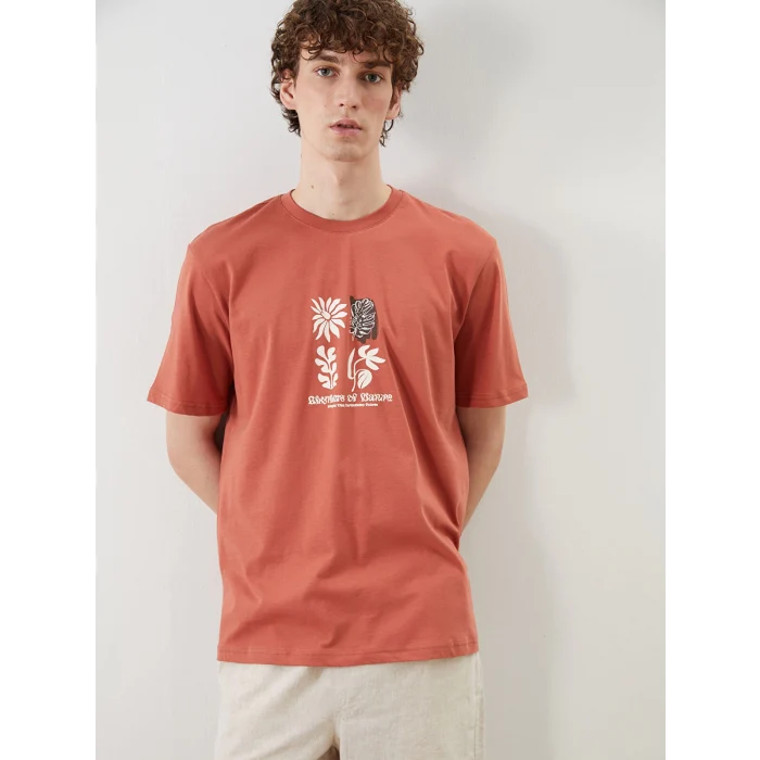 XSIDE Kahverengi Bisiklet Yaka Baskılı Penye Erkek Tişört