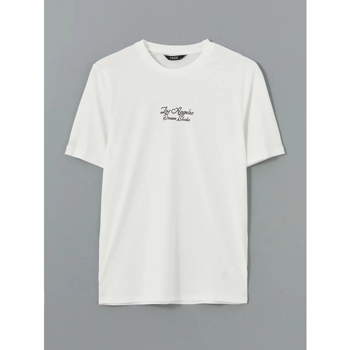 XSIDE Ekru Bisiklet Yaka Kısa Kollu Baskılı Penye Erkek Tişört