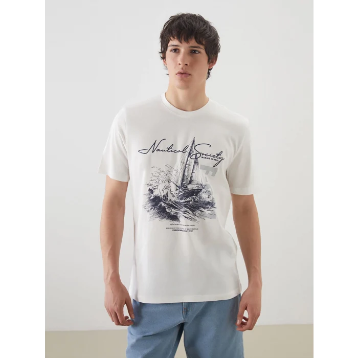 XSIDE Ekru Bisiklet Yaka Baskılı Penye Erkek Tişört