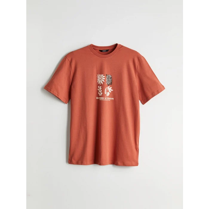 XSIDE Kahverengi Bisiklet Yaka Baskılı Penye Erkek Tişört