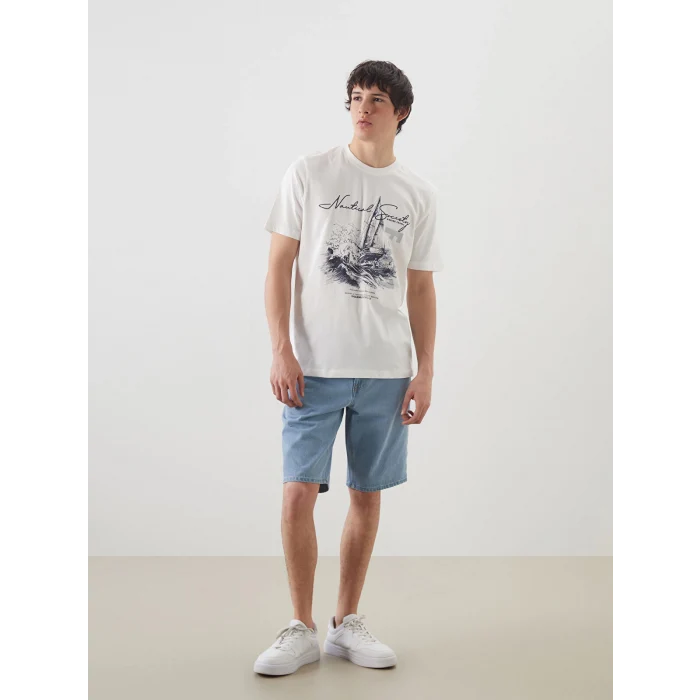 XSIDE Ekru Bisiklet Yaka Baskılı Penye Erkek Tişört