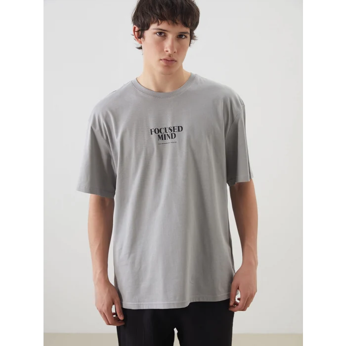 XSIDE Gri Bisiklet Yaka Baskılı Penye Erkek Tişört