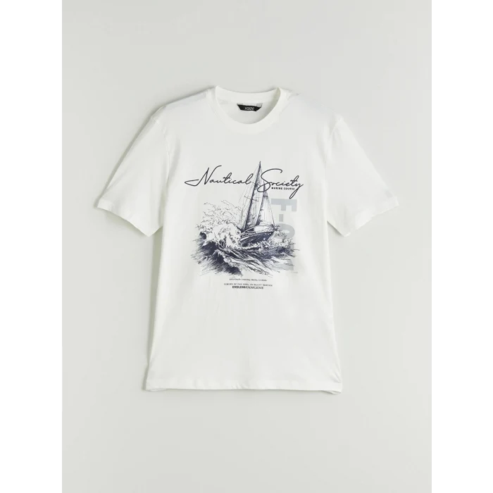 XSIDE Ekru Bisiklet Yaka Baskılı Penye Erkek Tişört