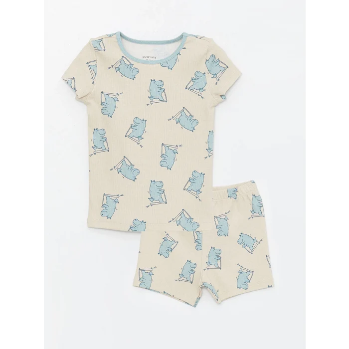 LCW baby Bej Bisiklet Yaka Kısa Kollu Baskılı Erkek Bebek Şortlu Pijama Takımı