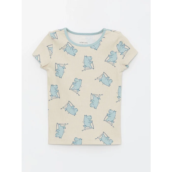 LCW baby Bej Bisiklet Yaka Kısa Kollu Baskılı Erkek Bebek Şortlu Pijama Takımı