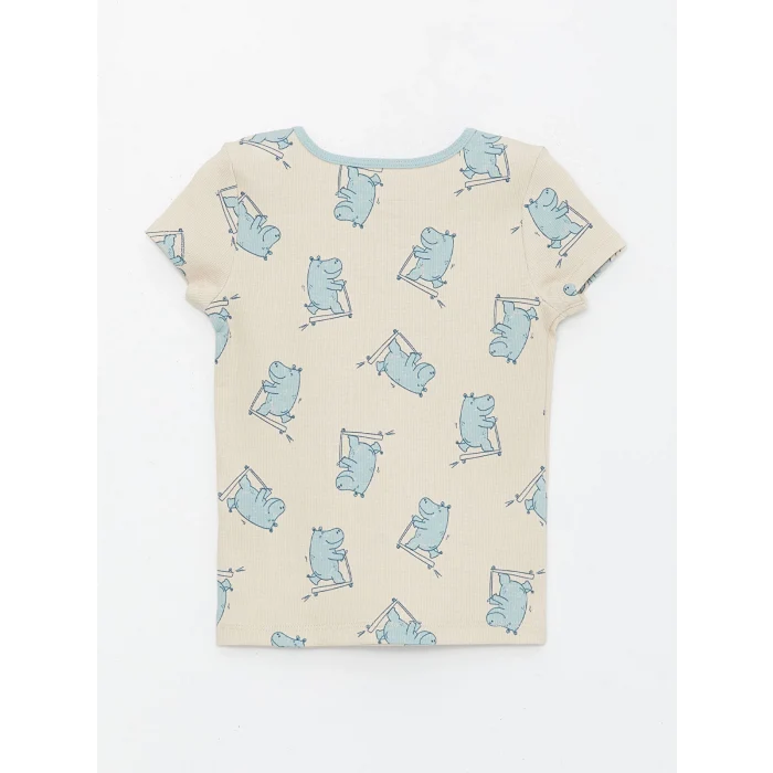 LCW baby Bej Bisiklet Yaka Kısa Kollu Baskılı Erkek Bebek Şortlu Pijama Takımı