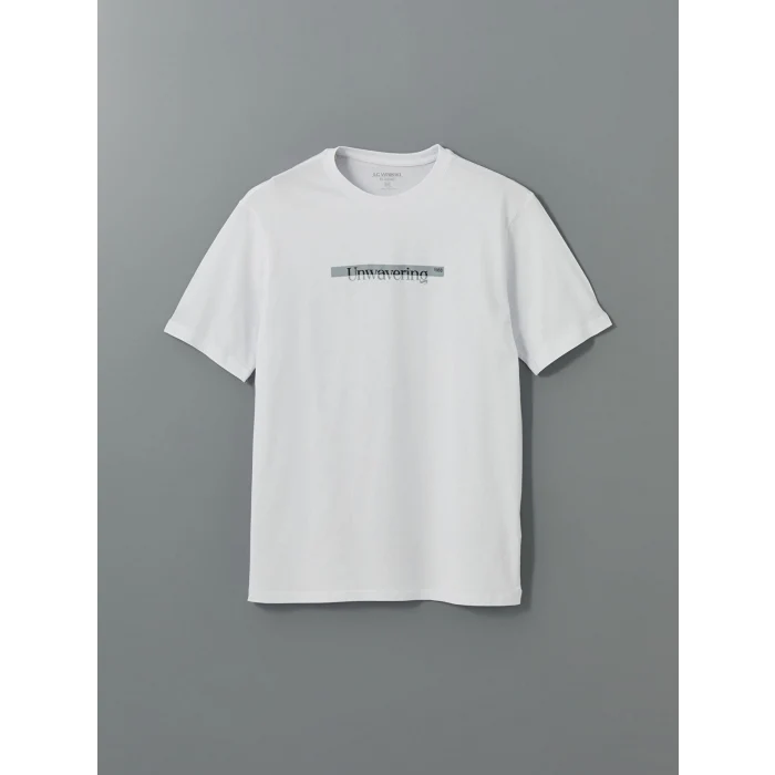 LCWAIKIKI Classic Beyaz Bisiklet Yaka Baskılı Penye Erkek Tişört