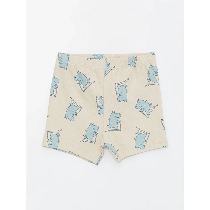 LCW baby Bej Bisiklet Yaka Kısa Kollu Baskılı Erkek Bebek Şortlu Pijama Takımı