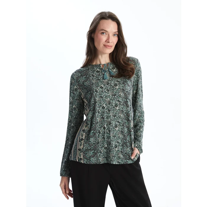 LCW Grace Haki Bağlamalı Yaka Desenli Kadın Bluz