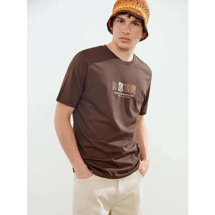 XSIDE Kahverengi Bisiklet Yaka Baskılı Penye Erkek Tişört