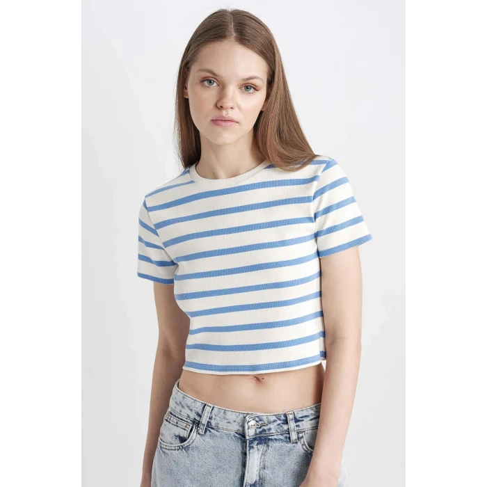 Defacto A7646 Mavi Coool Fitted Çizgili Ribana Kısa Kollu Tişört