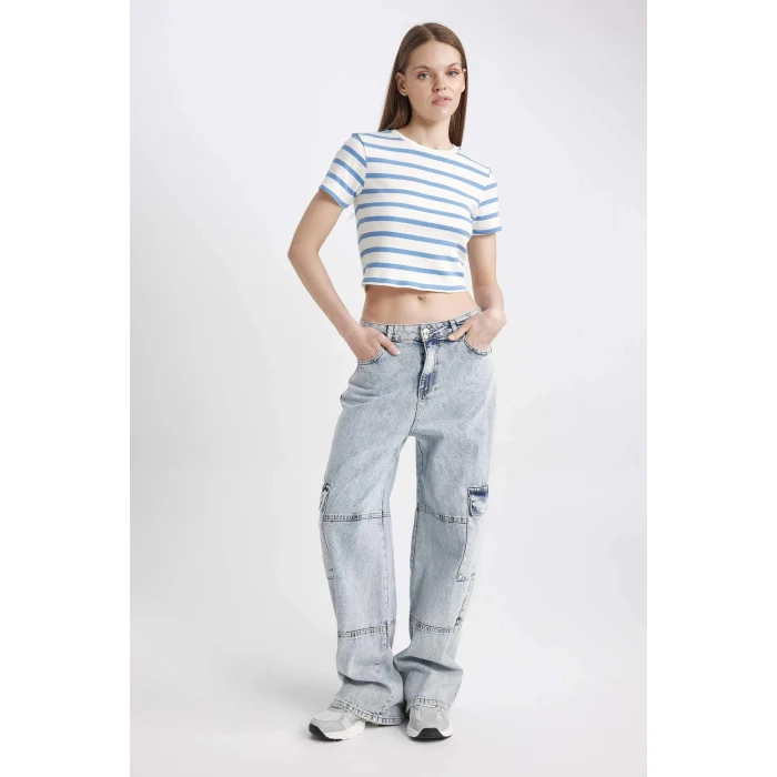 Defacto A7646 Mavi Coool Fitted Çizgili Ribana Kısa Kollu Tişört