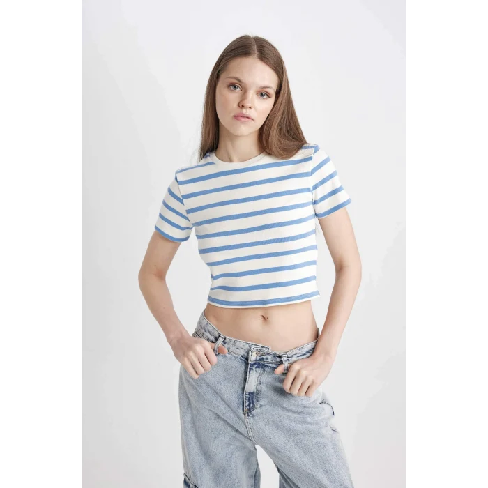 Defacto A7646 Mavi Coool Fitted Çizgili Ribana Kısa Kollu Tişört