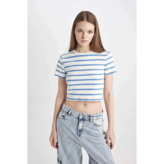 Defacto A7646 Mavi Coool Fitted Çizgili Ribana Kısa Kollu Tişört