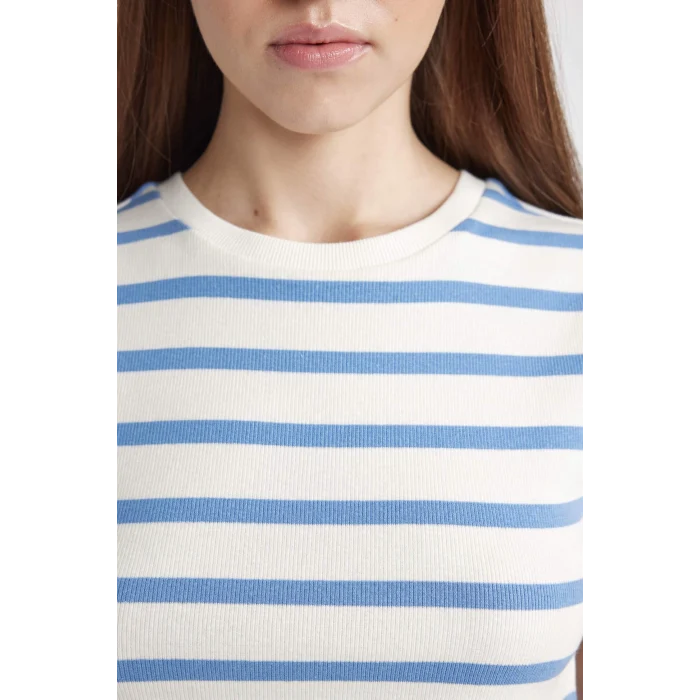 Defacto A7646 Mavi Coool Fitted Çizgili Ribana Kısa Kollu Tişört