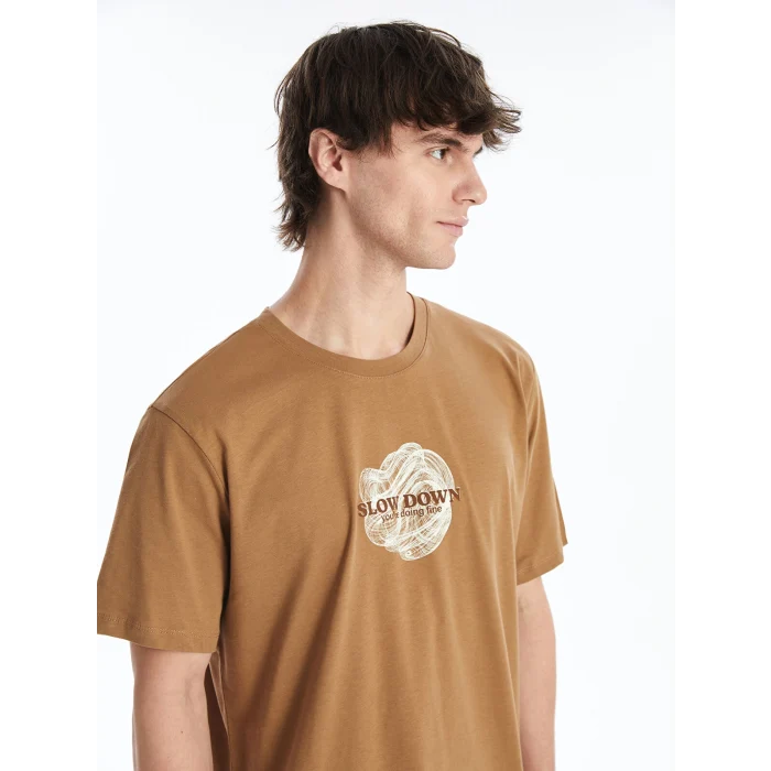XSIDE Kahverengi Bisiklet Yaka Kısa Kollu Baskılı Penye Erkek Tişört