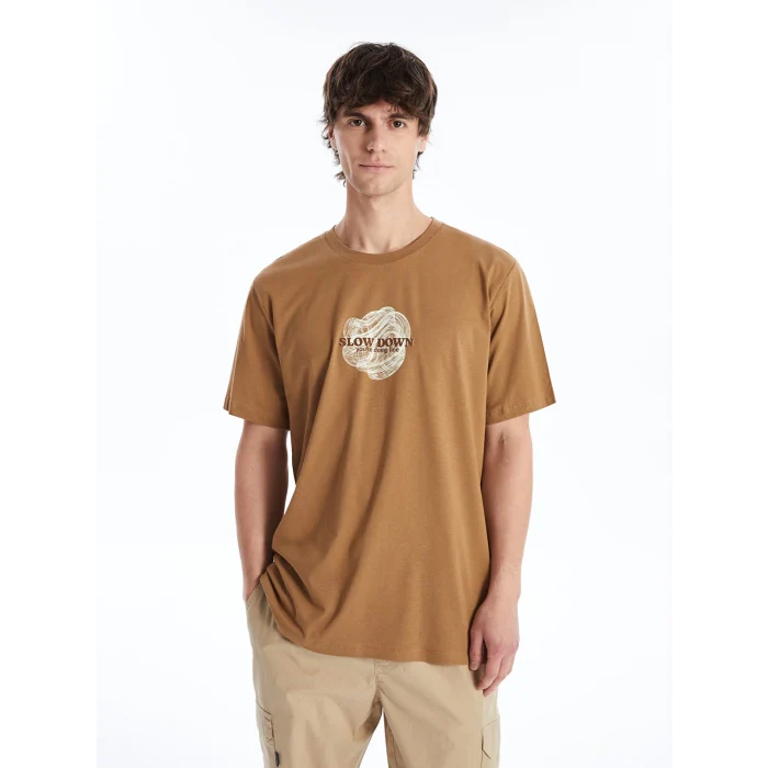 XSIDE Kahverengi Bisiklet Yaka Kısa Kollu Baskılı Penye Erkek Tişört