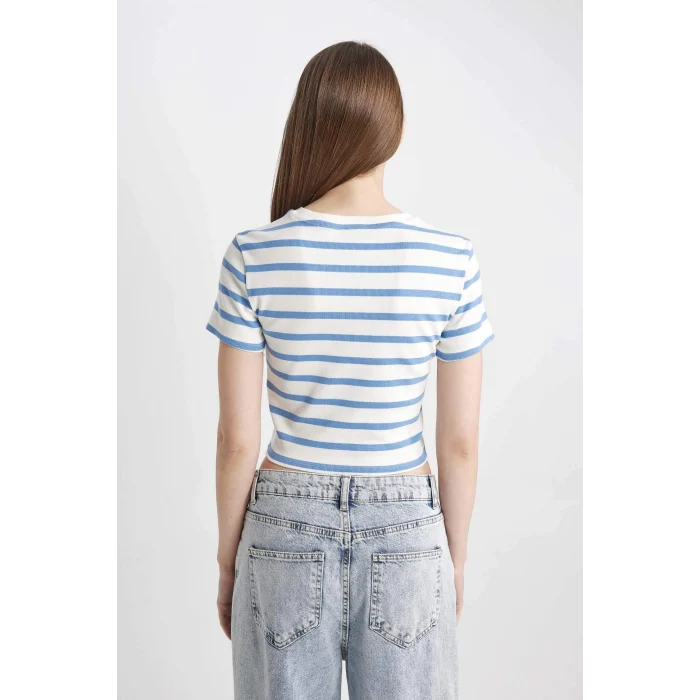 Defacto A7646 Mavi Coool Fitted Çizgili Ribana Kısa Kollu Tişört