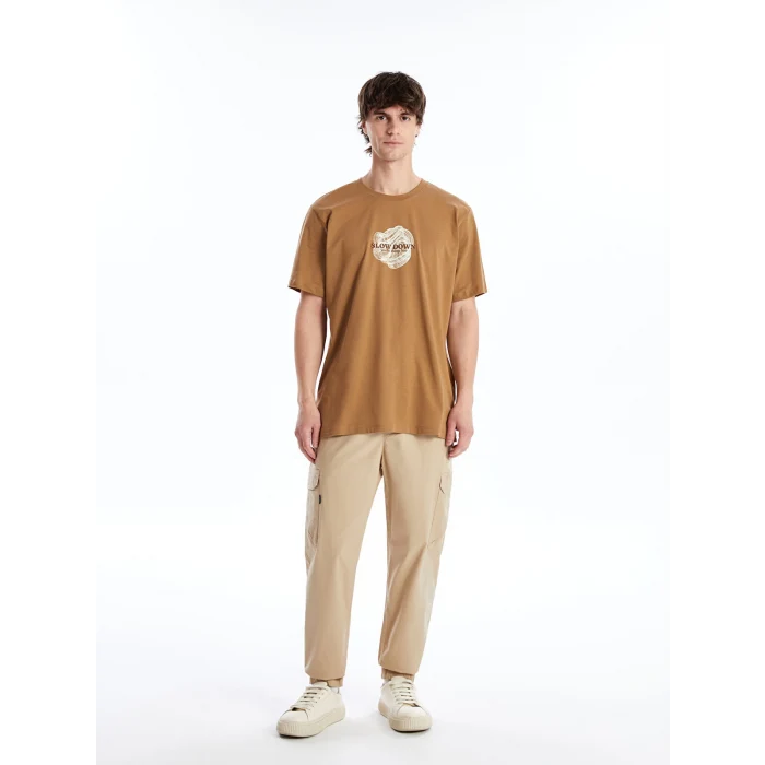 XSIDE Kahverengi Bisiklet Yaka Kısa Kollu Baskılı Penye Erkek Tişört