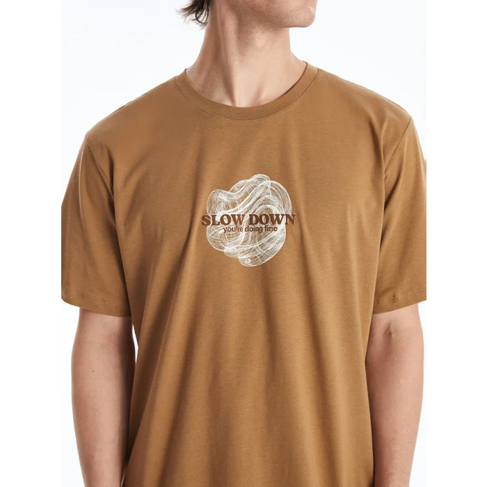 XSIDE Kahverengi Bisiklet Yaka Kısa Kollu Baskılı Penye Erkek Tişört