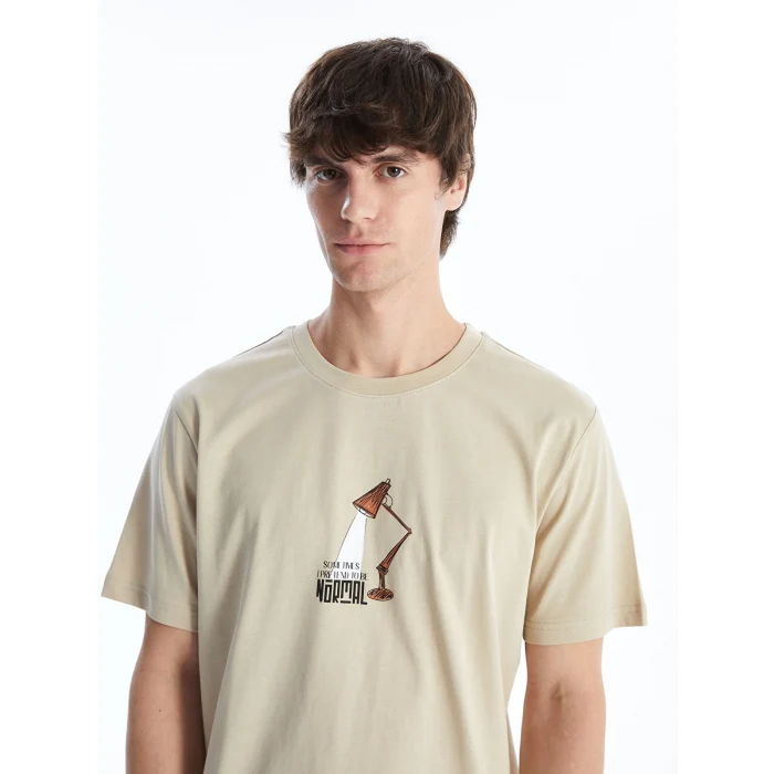 XSIDE Bej Bisiklet Yaka Kısa Kollu Baskılı Penye Erkek Tişört