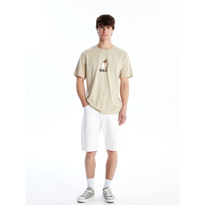 XSIDE Bej Bisiklet Yaka Kısa Kollu Baskılı Penye Erkek Tişört